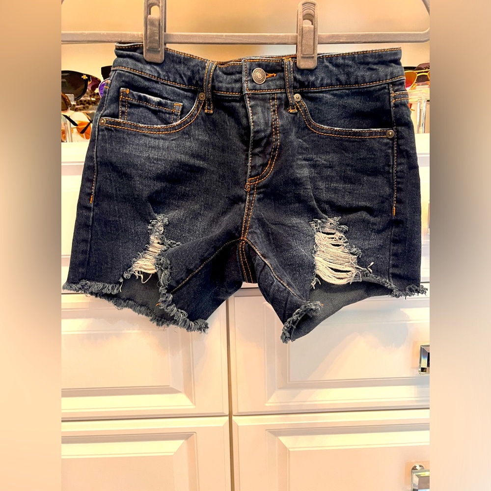 EUC - dark denim distressed shorts